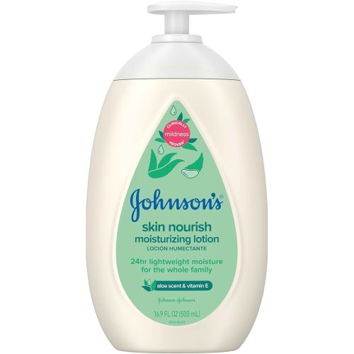 Johnson's Skin Nourish Moisturizing Baby Lotion with Aloe Vera Scent & Vitamin E, Gentle & Lightweight Body Lotion for The Whole Family, Hypoallergenic, Dye-Free, 16.9 fl. oz