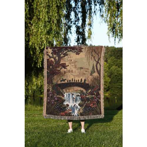Fantasy Fellowship Journey Woven Blanket: Elven City Landscape Tapestry, Fantasy Book Gift, Bookish Aesthetic Decor, Meadow Floral Throw