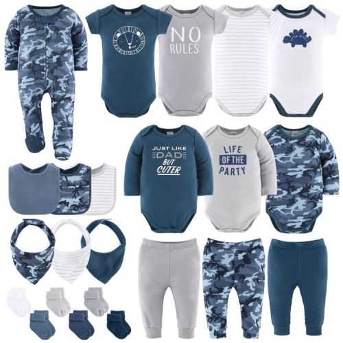 Conjunto de regalo Peanutshell Layette para bebés varones, camuflaje azul, 23 piezas esenciales, 3-6 meses, azul