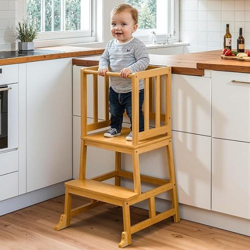 COSYLAND Kitchen Step Stool for Toddlers – Stable A-Frame Design Kids Standing Tower with Protective Crossbar – Wooden Learning Stool for Kitchen Island Counter, Bathroom (Natural)