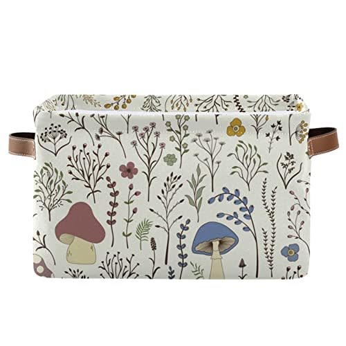 Kigai Mushroom Storage Basket Collapsible Rectangle Storage Bin Shelves Basket Organizer with Leather Handle for Closet, Office, Nursery, Home Decor