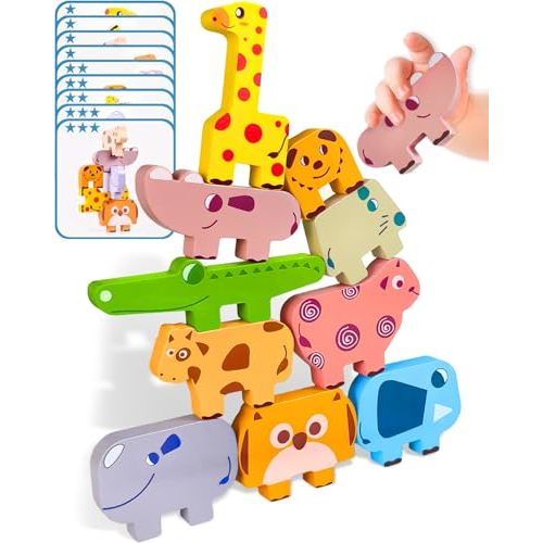 Cowcowcow Montessori Toys for 1 2 3 4 Year Old Boys Girls, Toddler Toys Age 2-4, 1 2 3 4 Year Old Girl Boy Birthday Gifts, 10 pack Wooden Animal Blocks Sorting & Stacking Education Toddler Puzzles Toy