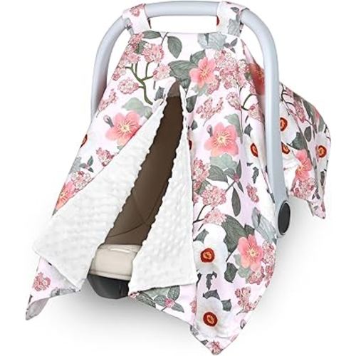 TANOFAR Baby Carseat Canopy, Peekaboo Opening Car Seat Canopy for Babies, Soft and Breathable Infant Carrier Canopy, Multi-use Baby Carrier, Stroller, Nursing Cover, Minky Blanket, Retro Flower