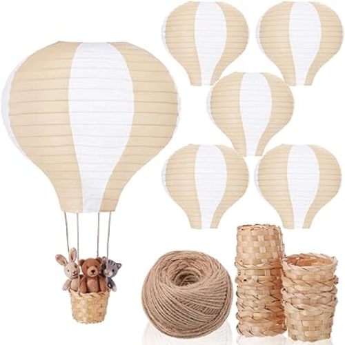 Meooeck Hanging Hot Air Balloon Decorations Paper Lanterns 12 Inch Reusable Hot Air Balloon Decor Paper Lanterns Set for DIY Craft Wedding Birthday Christmas Home Living Room (Brown White,6 Pcs)