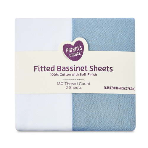 Parent's Choice 180 Thread Count White and Blue Cotton Fitted Bassinet Sheets, 2 Pack