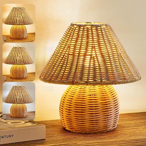 Bamboo Table Lamp Handmade Boho Rattan Bedside Lamp,3 Colors Adjustable Vintage Wicker Wooden Nightstand Lamp with E26 Bulb for Bedroom Living Room Desk Entrance