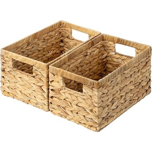 GRANNY SAYS Wicker Storage Baskets for Shelves, Wicker Baskets for Organizing, Water Hyacinth Woven Basket for Storage, Rectangle Basket for Pantry, Laundry, 2-Pack