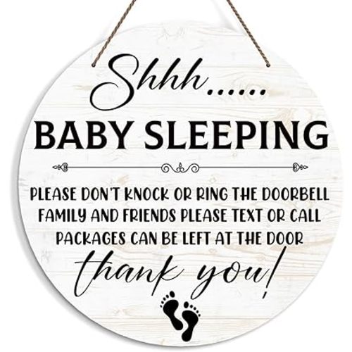 Baby Sleeping Sign for Front Door, Do Not Knock or Ring Doorbell Door Decorations, Rustic Wooden Hanging Sign for Farmhouse Porch Nursery, Wood Door Hanger for Outdoor, Kids Room Wall Decor -38