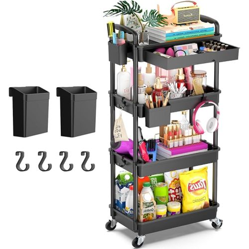 Goovilla 4 Tier Rolling Utility Cart Organizer with Removable Drawer, Stable and Sturdy Black Rolling Storage Carts with 2 Lockable Wheels for Bathroom, Kitchen, Snack, Craft, Makeup, Baby Essentials