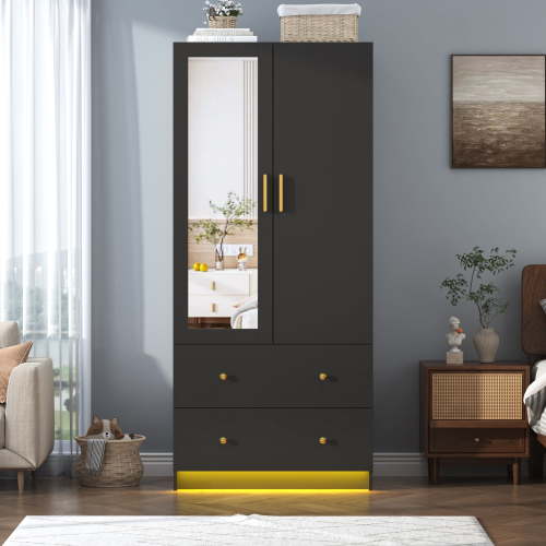 Blotout 70" Armoire Wardrobe Closet with Mirror, LED Wardrobe Armoire with 2 Drawers, 2 Door Wood Armoire Storage with Hanging Rods and Multi-Layer Shelves