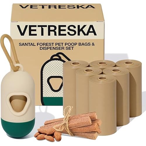 VETRESKA Dog Poop Bag with Dispenser, Leak Proof and Extra Thick Pet Waste Bags for Dog Walking and Cat Litter, Sandalwood & Almond Scented, 105 Count