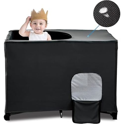 South to East Pack N Play Blackout Cover, Portable Stretchy Blackout Tent for Travel Crib, Breathable Cover for Pack and Play, Blocks 90% of Light with Optimal Airflow, Blackout Pod for Baby Sleep
