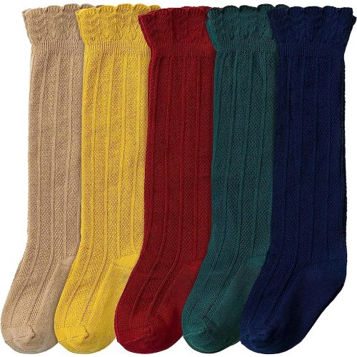 CozyWay Baby Knee High Sock - Stay-Up Newborn Knee High Socks - Soft Breathable Cotton-Blend Baby Hosiery - 0-6M, 5 Pairs, Tan/Navy/Red/Green/Mustard