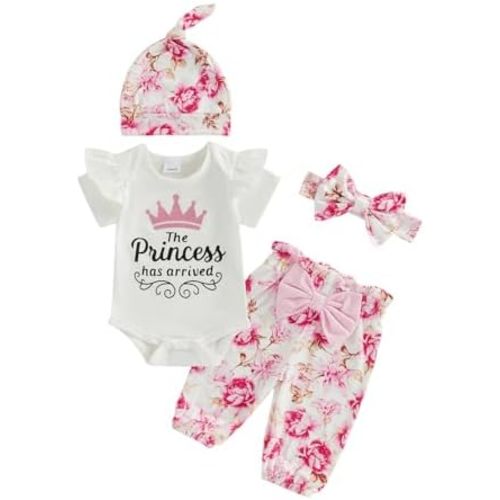 Ayalinggo Preemie Newborn Baby Girl Summer Outfits Short Sleeve Romper + Floral Pant + Headband + Hat Coming Home Clothes