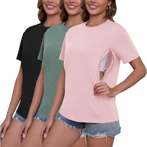 Ecavus Women's 3-Pack Nursing Shirts for Breastfeeding with Hidden Zippers Loose Fit Maternity Tops