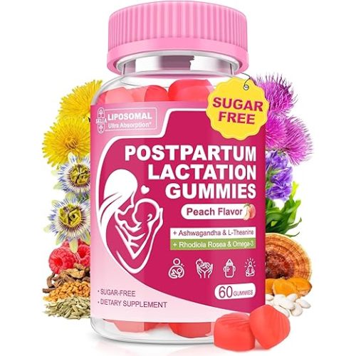 Liposomal Lactation Supplement | Postpartum Lactation Support Gummies, Natural Breast Milk Booster with Ashwagandha, L-Theanine & Omega-3 for Nursing Moms | Balance & Recovery | Peach Flavor, 60cts 1P