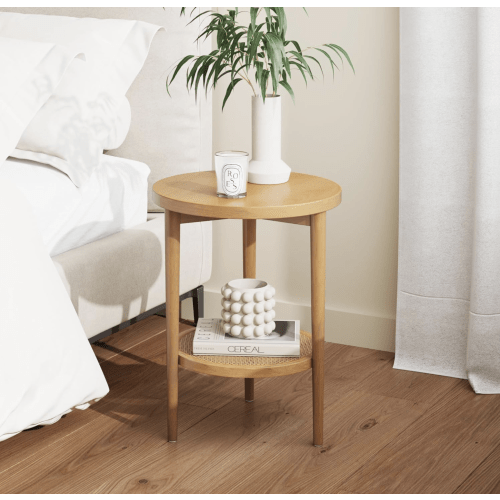 Nathan James Sonia Boho Round Accent End Table, Natural Sofa Side Table in Light Wood with Rattan Storage Shelf for Living Room, Bedroom or Nursery, Light Brown