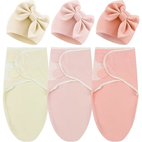 DRESHOW BQUBO 3 Pack Baby Swaddle Sleep Sacks Baby Swaddling Blanket Wrap Newborn Swaddle Sack with Big Bow Hat for Boys Girls 6-12 Lbs Newborns & 0-3 Months Girls Boys