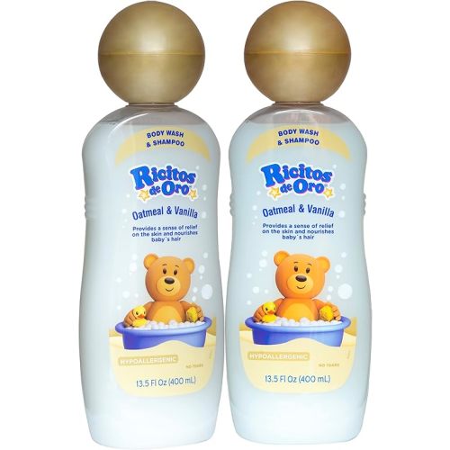 Ricitos de Oro Shampoo y Jabón Corporal, Fortalecido con Avena y Vainilla, Suaviza y alivia la piel de tu bebé, 400 ml cada una, 2 Botellas.