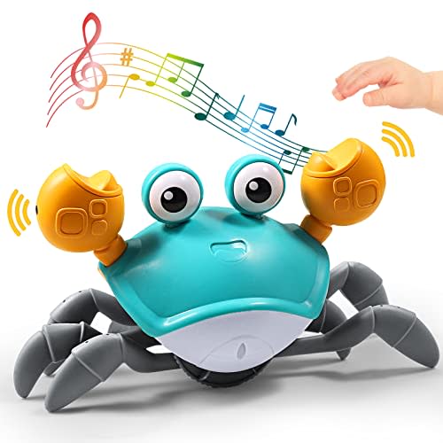 Sensing Crawling Crab, Tummy Time Baby Toys, Interactive Walking Dancing Toy with Music Sounds & Lights, Newborn Infant Fun Birthday Gift Toddler Boy Girl, USB Charging Cable Included (Green)