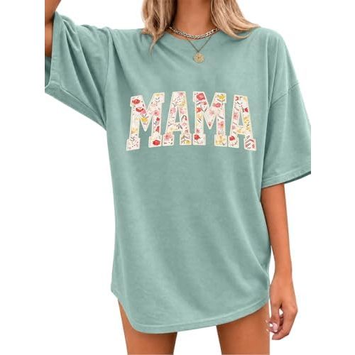 Mama Shirt for Women Oversized Floral Letter Print Graphic Tee Mom Tops