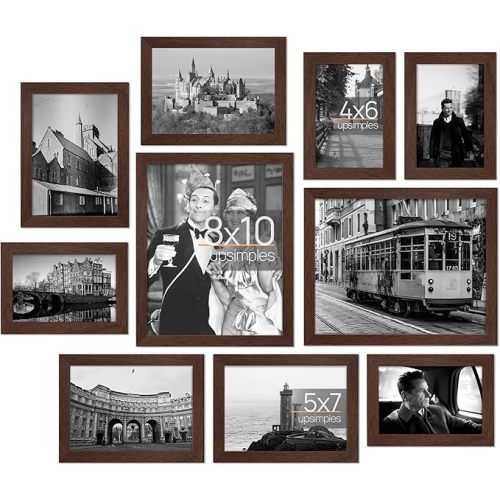 upsimples 10 Pack Picture Frames Collage Wall Decor for Mounting or Tabletop Display, Photo Gallery Frame Set for Family, Multi Sizes Including 8x10, 5x7, 4x6, Brown