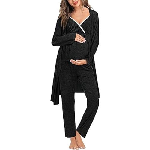 SWOMOG Maternity Nursing Robe Set 3 Piece Breastfeeding Pajamas 3 in 1 Labor Delivery Sleevless Tops&Long Pants Pregnancy Pjs