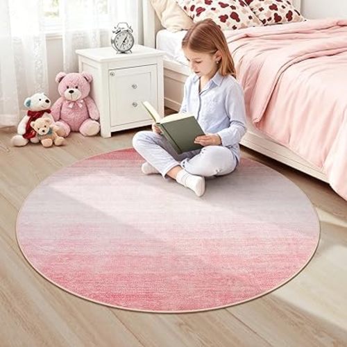 Wonnitar Pink Round Rug 4ft, Washable Modern Ombre Circle Rug for Bedroom, Soft Cute Nursery Round Throw Mat, Non-Slip Contemporary Small Low Pile Floor Carpet for Dorm Bedside (Pink, Round 4ft)