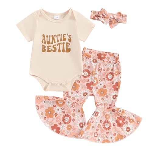 Aunties Bestie Baby Clothes Girl Baby Girl Aunt Saying Letter Romper Shirt Floral Flare Pants Headband 3Pcs Outfit