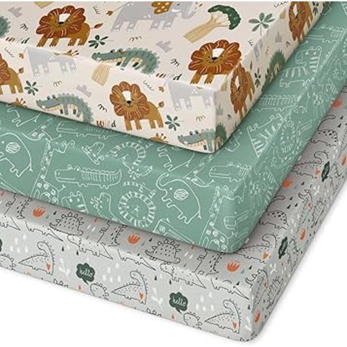 Pack and Play Sheets Fitted 3 Pack, Mini Crib Sheets for Pack N Play Mattress Stretchy Portable Playard Sheets, Soft Breathable Green & Apricot Lion