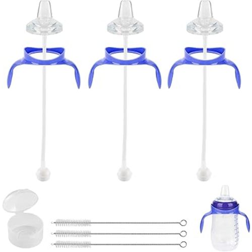 Straw Cup Soft Spout Conversion Kit for Lansinoh Baby Bottle, Toddler Transition Kit with Silicone Straw Top Nipple, Weighted Straw, Bottle Handle, Cleaning Brush, 3 Pack, 8m+