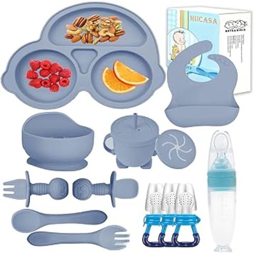 Silicone Baby Feeding Set,Miicasa Baby Led Weaning Supplies Kit With Suction Bowl & Car Plate, Bib, Spoon, Fork, Cup - Food-Grade Silicone, Dishwasher-Safe, No BPAs - For 3+ Months