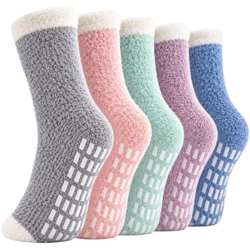 5 Pairs Fuzzy Socks with Grips for Women, Non Slip Cozy Fluffy Soft Socks, Winter Sleep Slipper Hospital