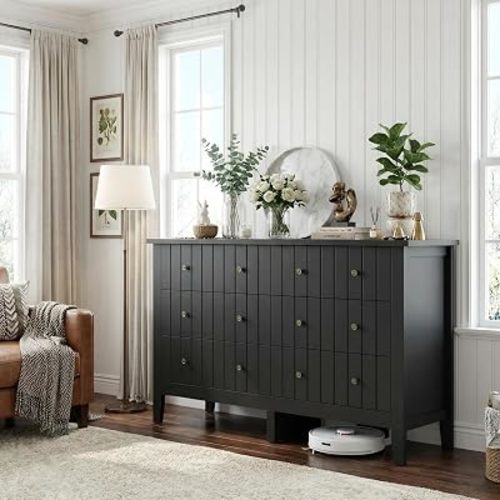 FOTOSOK Modern 6 Drawer Double Dresser with Deep Drawers, Chest of Drawers with Wide Toptable, Wide Storage Organizer Cabinet for Living Room, Hallway, Black