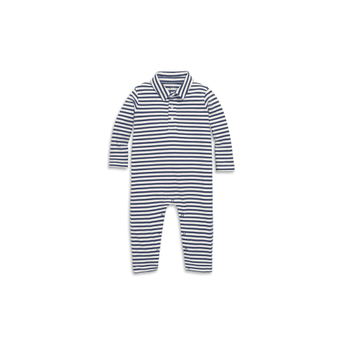 Baby Long Sleeve Polo Romper In Mini Stripe, 0-3M