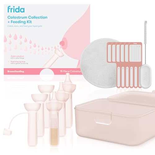 Frida Mom Colostrum Collection Kit, Catch, Store & Feed Breastmilk, Includes 6 Colostrum Collectors, 6 Labels, Cleaning Brush, Cloth & Case, Hospital Bag Ready, Safe Materials, 15pc kit