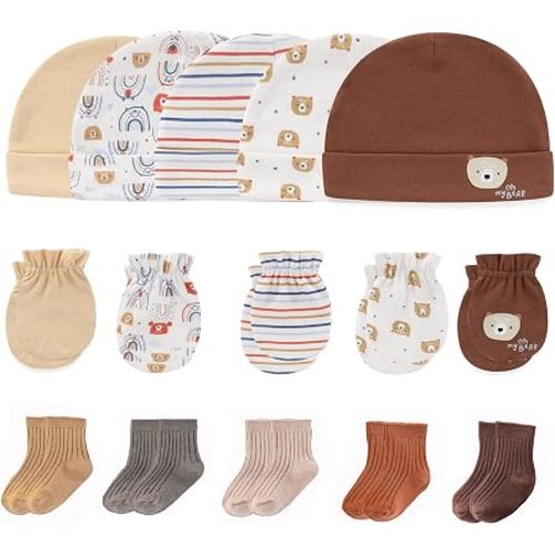 MAMIMAKA Newborn Baby Boy Girl Caps Mittens Socks Set Cotton Baby Essentials Accessories (Hats+Gloves+Socks)