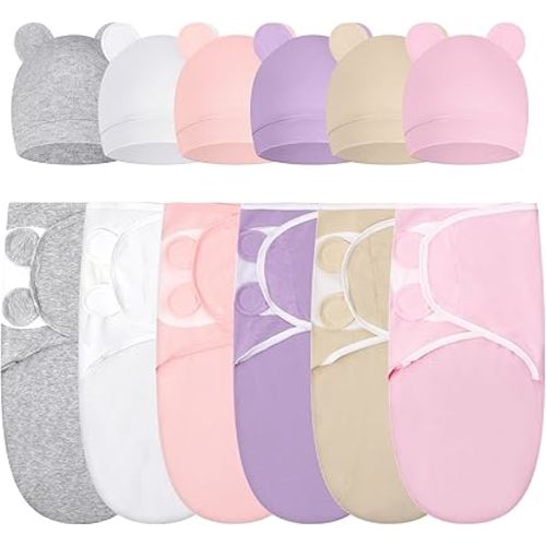 Ramede 6 Pack Swaddle Blanket with Hats for Baby Girl Boy 100% Cotton Swaddles 0-3 Months, Adjustable Breathable Skin Friendly Receiving Blanket Wrap, Essential for Newborns