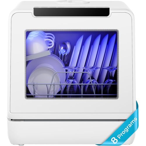 EUHOMY Countertop Dishwasher, 8 Programs Portable Dishwasher with 5L Built-in Water Tank and Inlet hose, No Hookup Needed, Mini Dishwasher with Self Clean/Baby Care/Air Dry, for Apartments, RVs, White