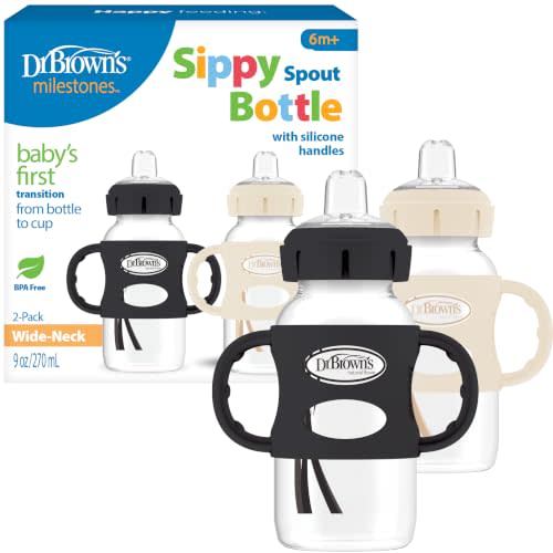 Dr. Brown's Wide-Neck Sippy Spout Bottle with Handles, Black & Ecru, 2-Pack | Transition from nipple to sippy with the bottle baby loves, 100% silicone easy-grip handles and sippy spout, 9 oz, 6m+