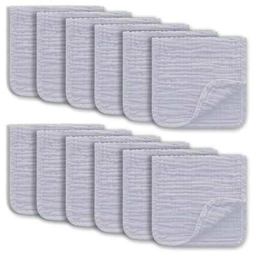 Ease Cubs Muslin Burp Cloths Large 100% Cotton Hand Washcloths for Boys & Girls, Baby Essentials Extra Absorbent and Soft Burping Rags for Newborn Registry (White & Green, 12-Pack, 20" X10")