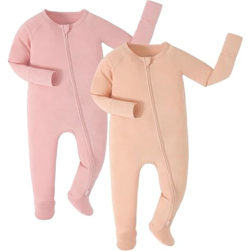 JunNeng Newborn Baby Boy Footie Pajamas,viscose from Bamboo Sleeper with Mittens,2 Way YKK Zipper Romper,0-12 Months Clothes