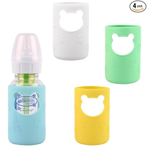 4 Pack Silicone Sleeves for Dr Brown's Glass Baby Bottles, Anti Breakage Baby Bottle Holder, Compatible Dr. Brown's Natural Narrow Glass Baby Bottles 4 oz, BPA Free (White+Blue+Green+Yellow)