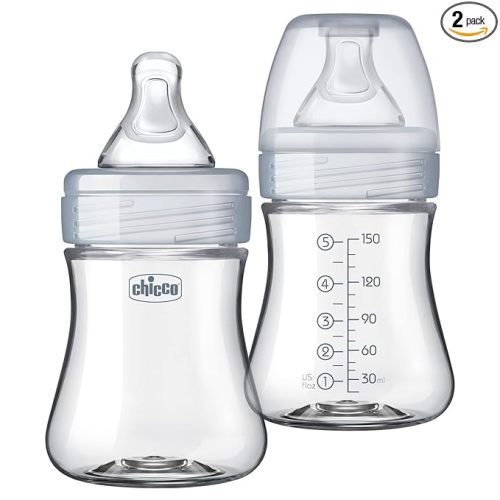 Chicco Duo 5oz. Hybrid Baby Bottle with Invinci-Glass Inside and Plastic Outside | Dishwasher, Bottle Warmer, and Electric Sterilizer Safe | Intui-Latch Nipple | Clear/Grey, 2pk