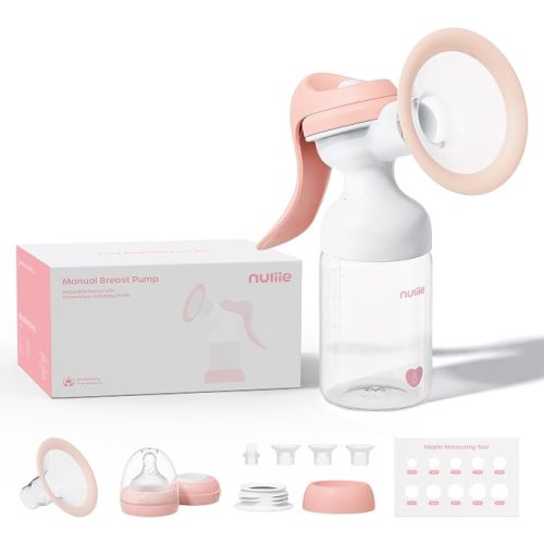 Nuliie 8010 Manual Breast Pump, Adjustable Suction with Temperature-Indicating Bottle, 6oz Wide-Neck Bottle, Narrow-Neck Adapter, Hand Pump Breastmilk with Flanges, BPA-Free, Heat Resistant