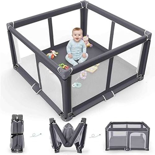 Foldable Baby Playpen - 50"x50" Safety Play Yard for Babies & Toddlers - Indoor & Outdoor Use with Carry Bag - Collapsible, Portable Play Yard, Dark Gray