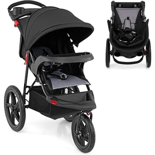 HONEY JOY Jogging Stroller, Foldable Running Stroller w/Adjustable Canopy & Recline Seat, 2 Cup Holders, Snack Tray, Storage Basket, Bicycle Tires, Baby Jogger Stroller for Infants to Toddlers (Black)