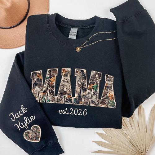 Personalized Hunting Mama Sweatshirt, Custom Kids Names Camo Mama Shirt, Retro Varsity Mama Tee, Outdoorsy Mom Gift, Mother’s Day Tshirt