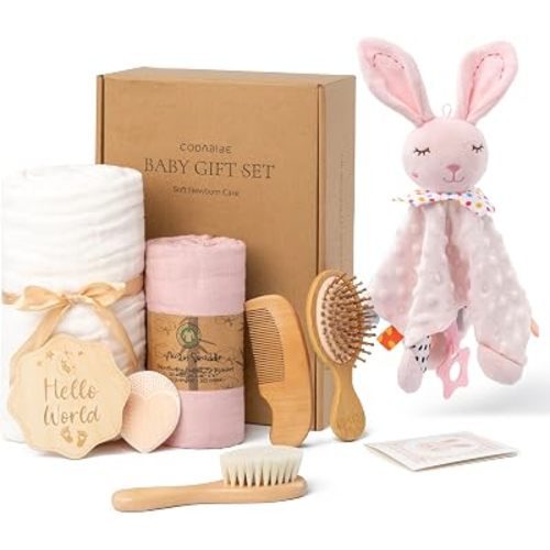 Wooden Baby Hair Brush Set with Muslin Swaddle Blanket, Baby Girl Gift Set