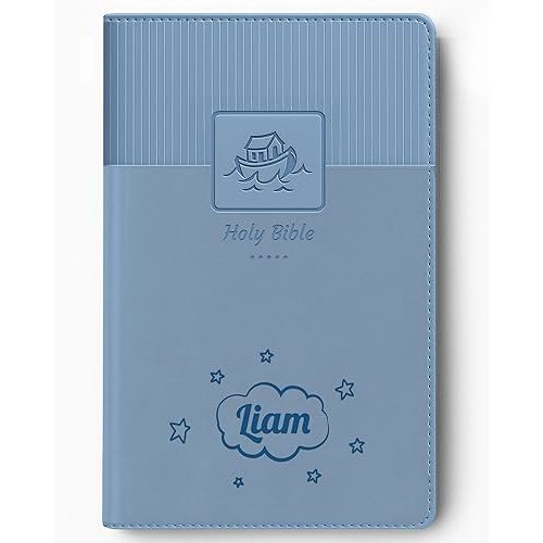 Printualist Personalized Gift Baby’s Bible with Custom Name, New International Version Blue, Red Letter Edition, Comfort Print, Faux Leather